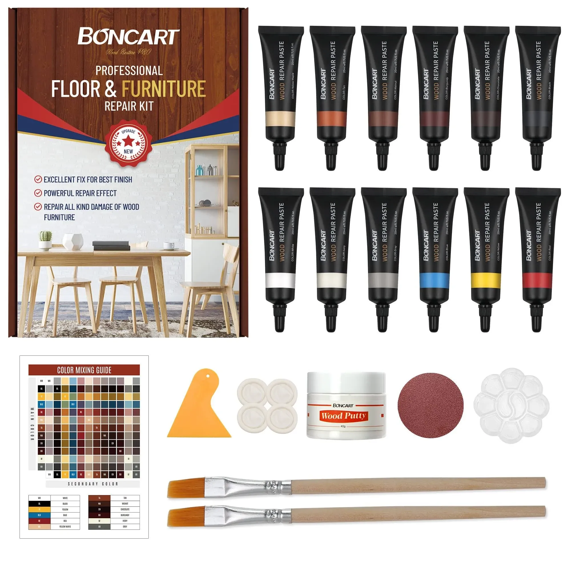 Wood Furniture Repair Kit Wood Filler-Repair Scratch, Cracks, Hole, Discoloration for Wooden Door, Floor, Table, Cabinet -Restore Any Wood, Cherry, Walnut