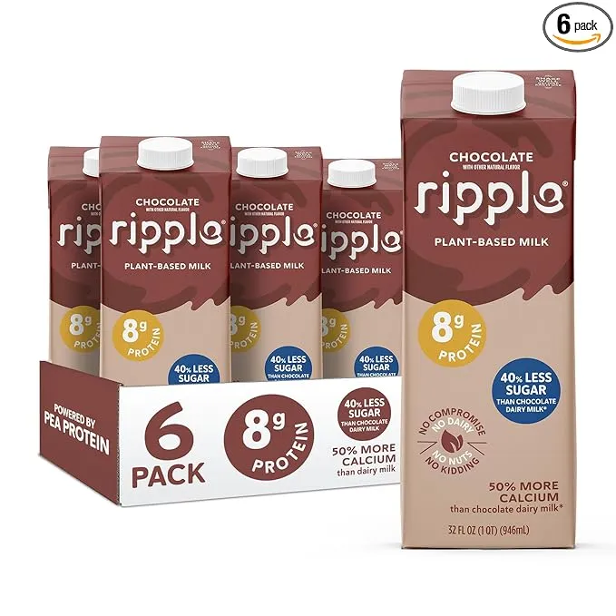 Ripple Chocolate Non-Dairy Milk, Plant-Based, Shelf Stable, 32 oz, Pack of 6