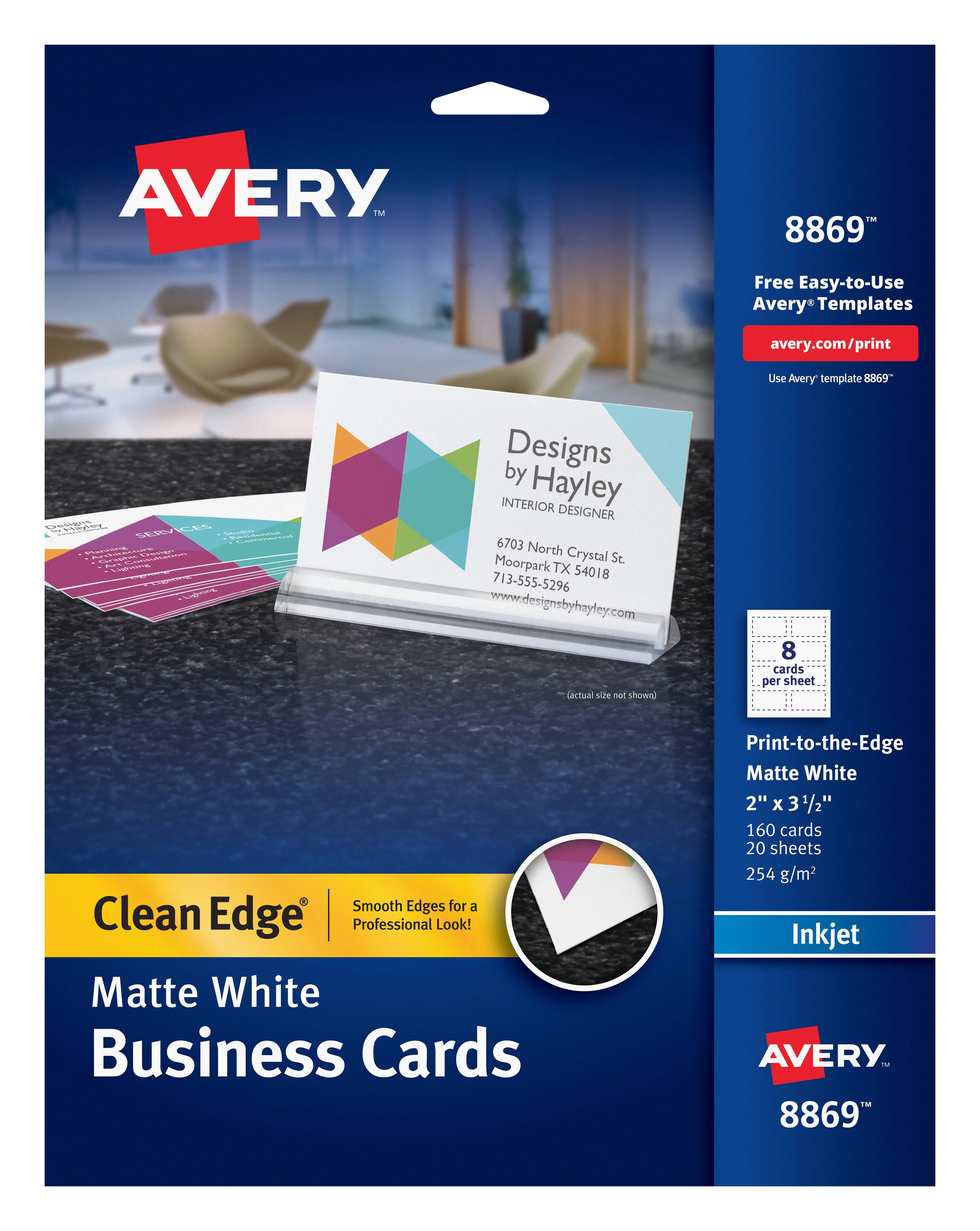 Avery Print-to-the-Edge True Print Business Cards, Inkjet, 2 x 3.5, White, 160 Cards, 8 Cards Sheet, 20 Sheets/Pack 