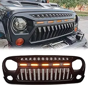 Front Grill Mesh Grille Cover Matte Black with Amber LED Running Lights for 2007-2018 Jeep Wrangler JK JKU Accessories & Unlimited Rubicon Sahara Sport, ABS