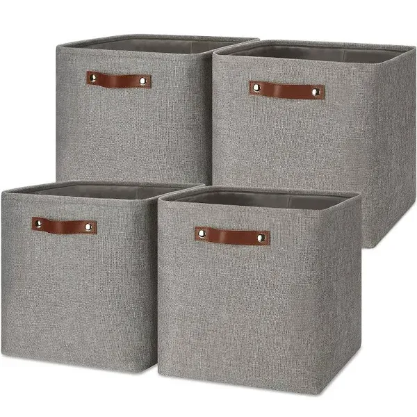 Temary Storage Baskets 13 Inch Fabric Storage Cubes for Shelves Set of 4 Storage Cube Bins for Home, Office, Storage Organizers for Toys with Leather Handles(Grey)