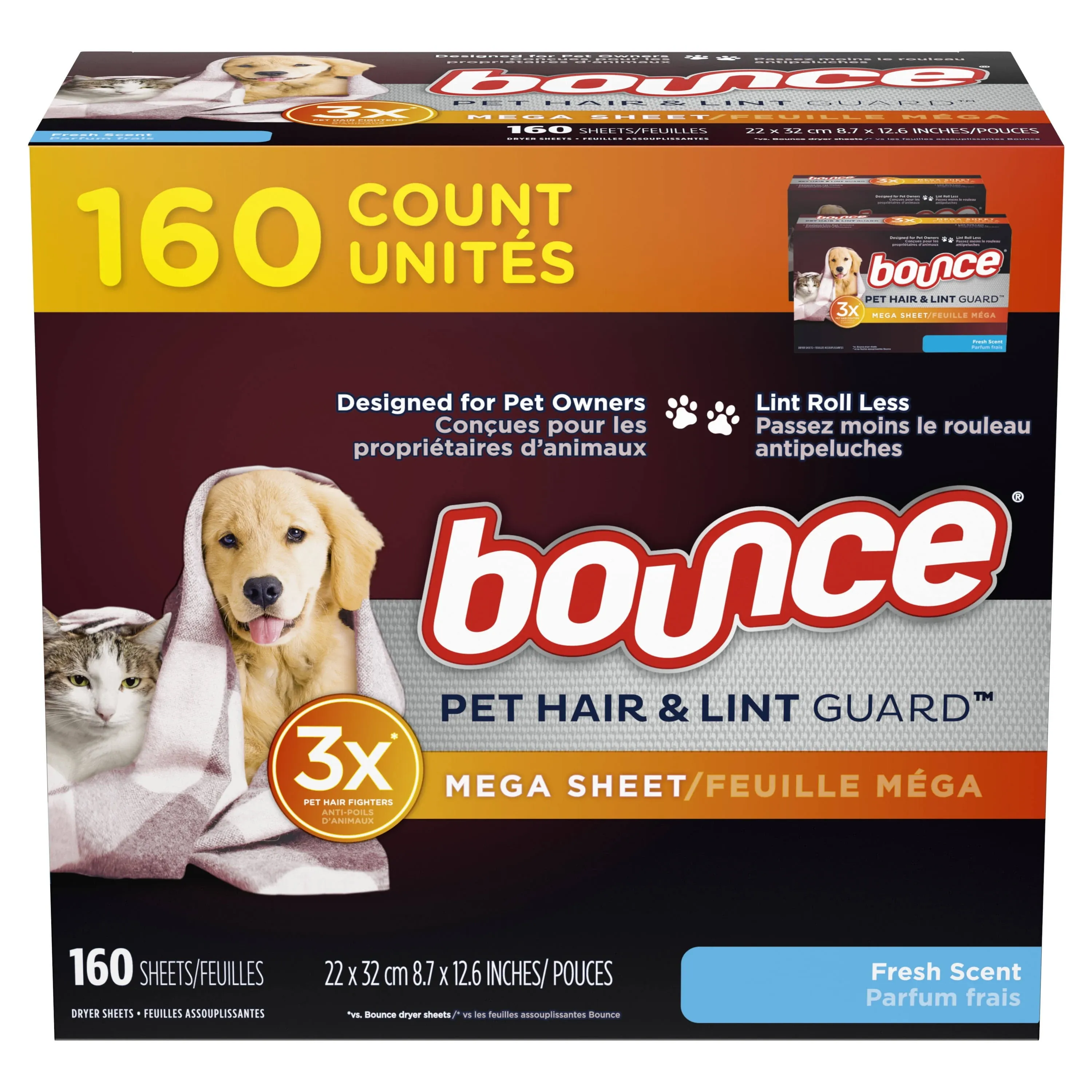 BOUNCE Pet Hair &amp; Lint Guard MEGA Dryer Sheets - 3X Pet Hair Fighter ~ 160 Count