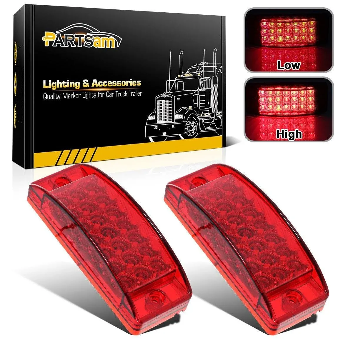 Partsam 2Pcs Red 6" LED Rectangle Side Marker and Clearance Trailer Lights 21 Diodes with Reflectors Waterproof 12V Sealed 6x2 Rectangular Led Stop Turn Tail Brake Lights Dual Mode Surface Mount