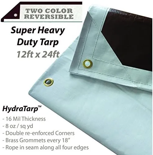 Watershed Innovations HydraTarp Super Heavy-duty 16 Mil Thick Waterproof White/Brown Reversible Tarp, 12 by 24 Feet