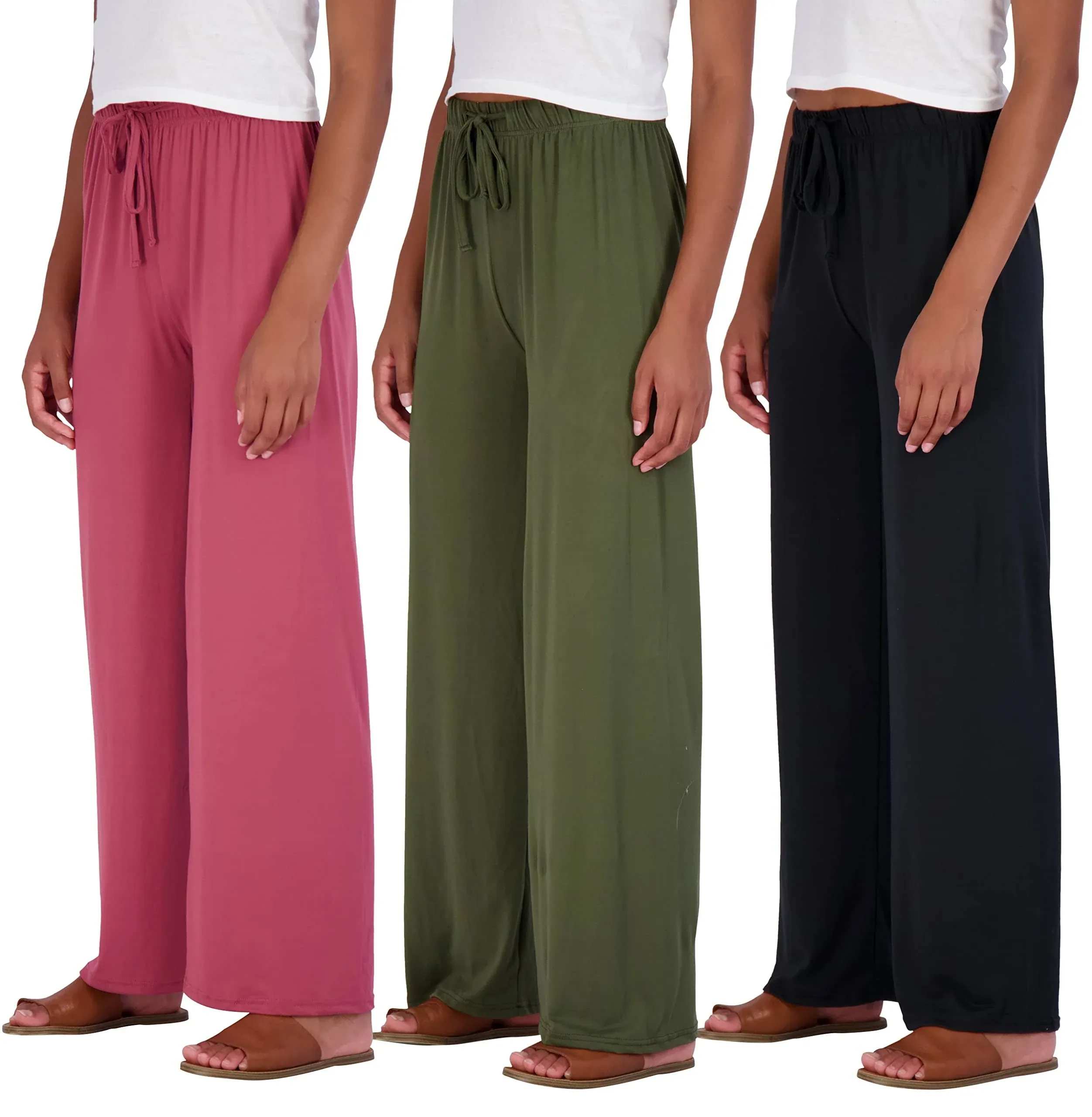 Real Essentials 3 Pack: Women's Wide Leg Palazzo Lounge Pants Drawstring - Loose Casual Pajama Pants (Available In Plus)