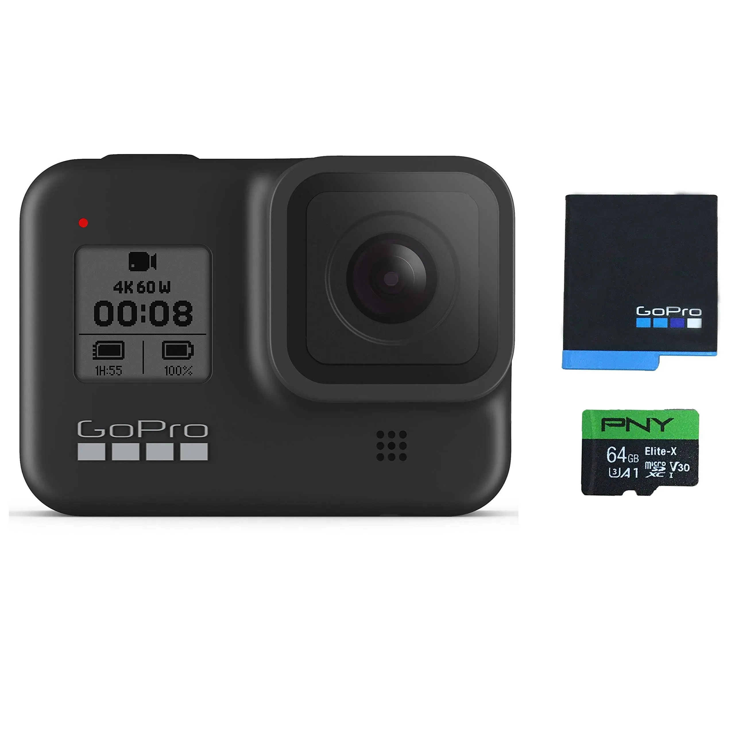 GoPro HERO8 Black Waterproof Action Camera with Touch Screen 4K Ultra HD Video 12MP Photos 1080p Live with Accessory Bundle - 1 Additional USA Batteries + PNY 64GB U3 microSDHC Card