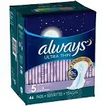 Always Ultra Thin Overnight Pads with Wings, Size 5, Extra Heavy Overnight, 46 Ct