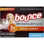 Bounce Pet Hair & Lint Guard Mega Dryer Sheets, Fresh Scent, 210 ct.