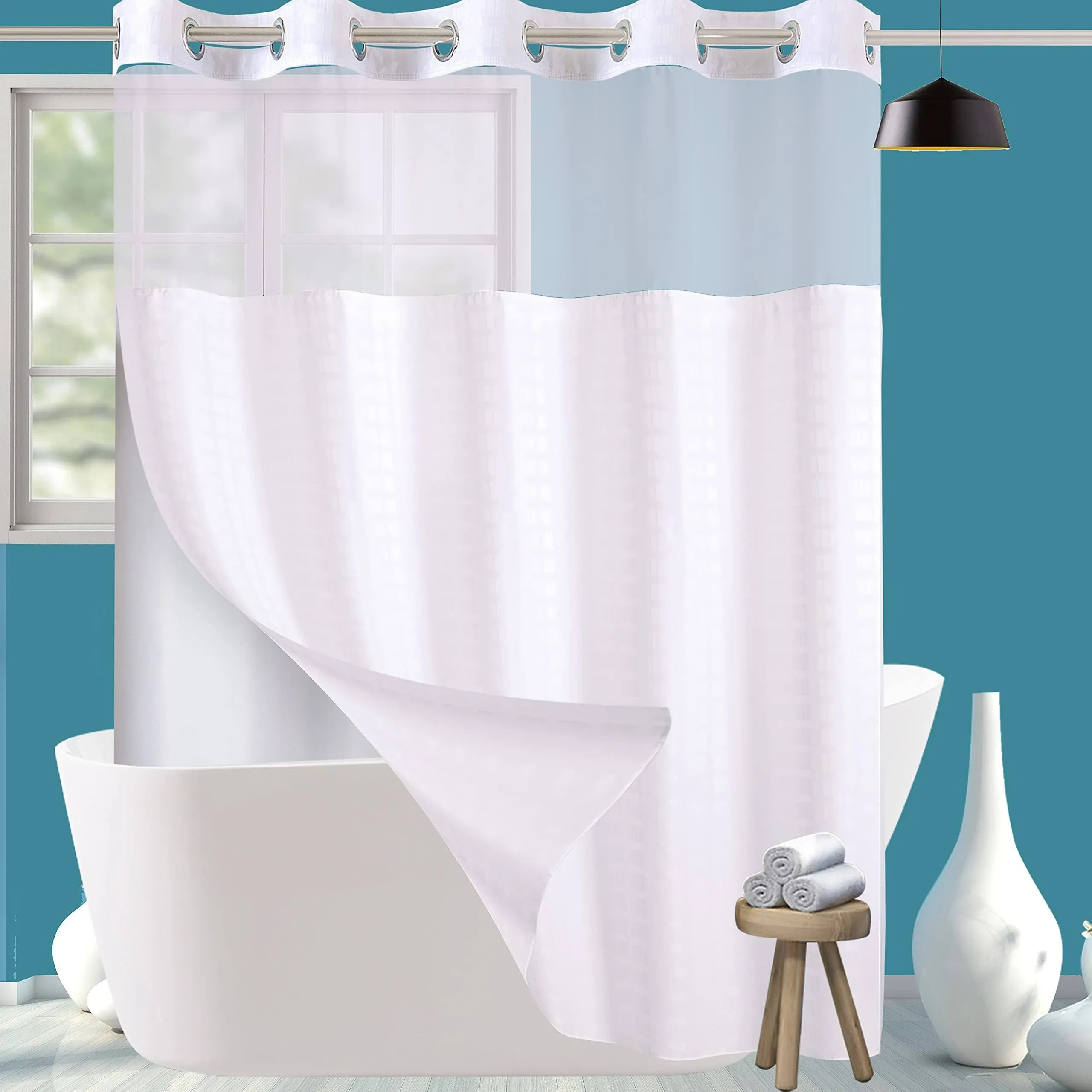 Conbo Mio Extra Wide Hotel Fabric Shower Curtain with Snap in Liner for Bathroom Machine Washable Waterproof Repellent Shower Cu