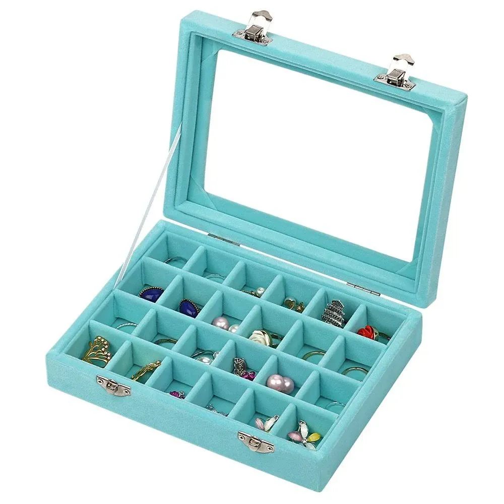 Lantwoo 24 Grids Velvet Glass Ring Earrings Jewelry Box Earrings Organiser