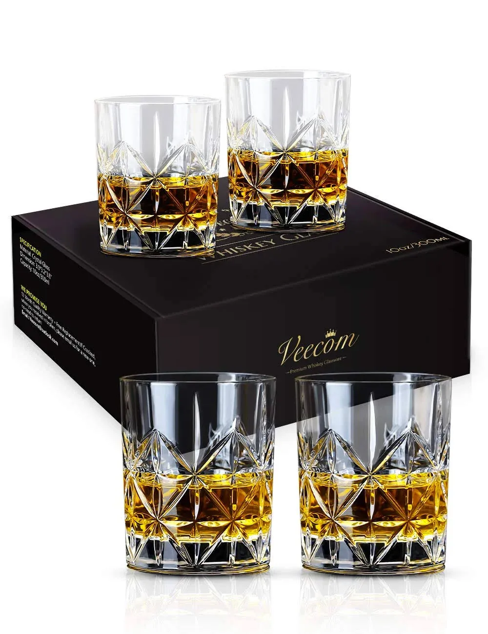 veecom Whiskey Glass, Whiskey Glass Set of 4, 10 oz Thick Bottom Old Fashioned ...