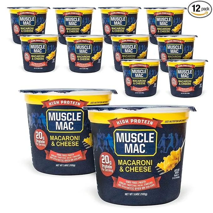 Muscle Mac Macaroni and Cheese Dinner with Real Cheese, Microwaveable, 20g of Protein, 3.6 oz per Cup (Pack of 12)