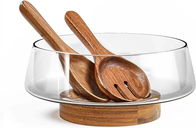 KITEISCAT Extra Large Glass Salad Bowl Set - Salad Bowls For Party with Acacia Wood Base And Salad Serving Utensils - Elegant And Practical Kitchen