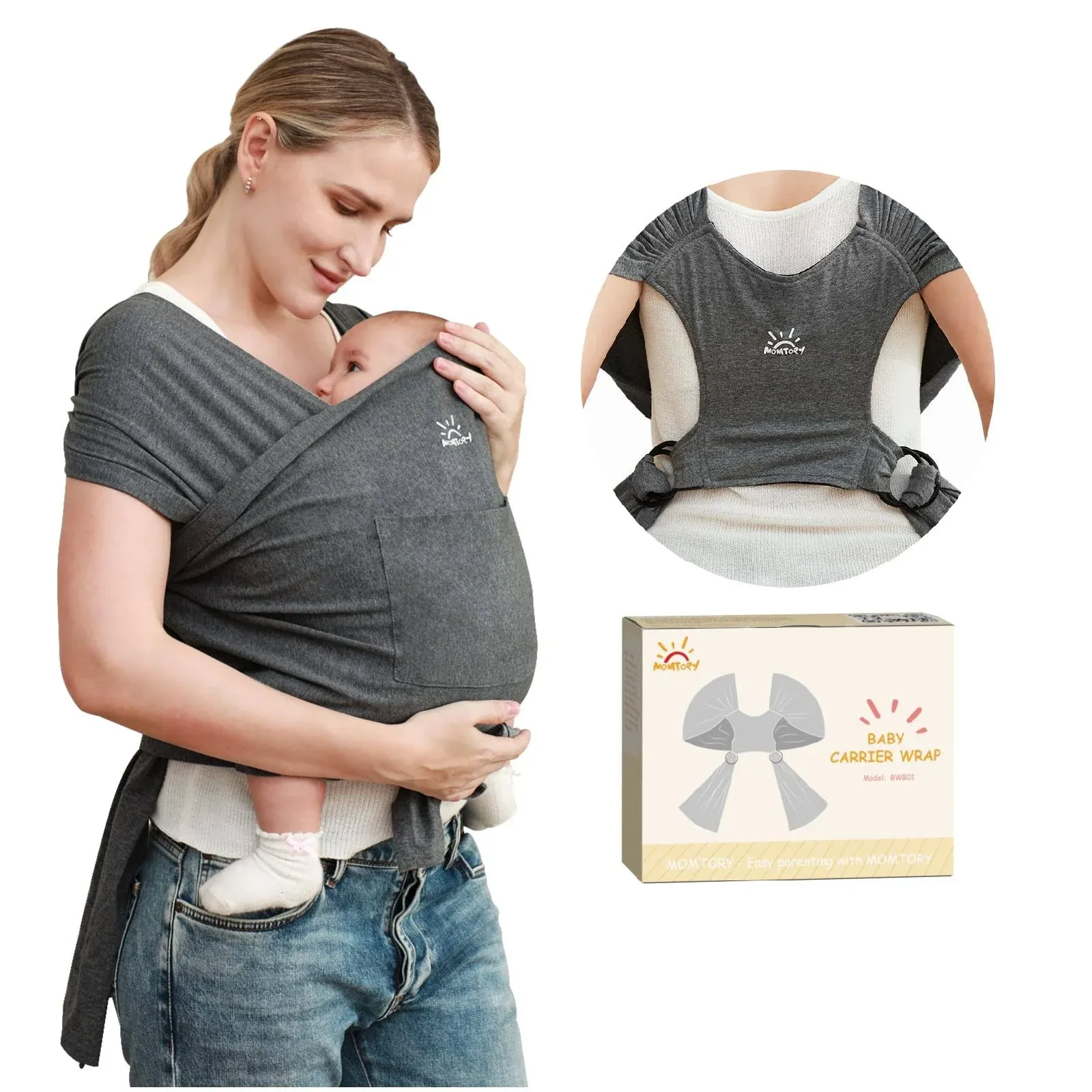 MOMTORY Baby Wraps Carrier Newborn to Toddler Adjustable Breathable and Hands Free Baby Carriers Sling (Grey)