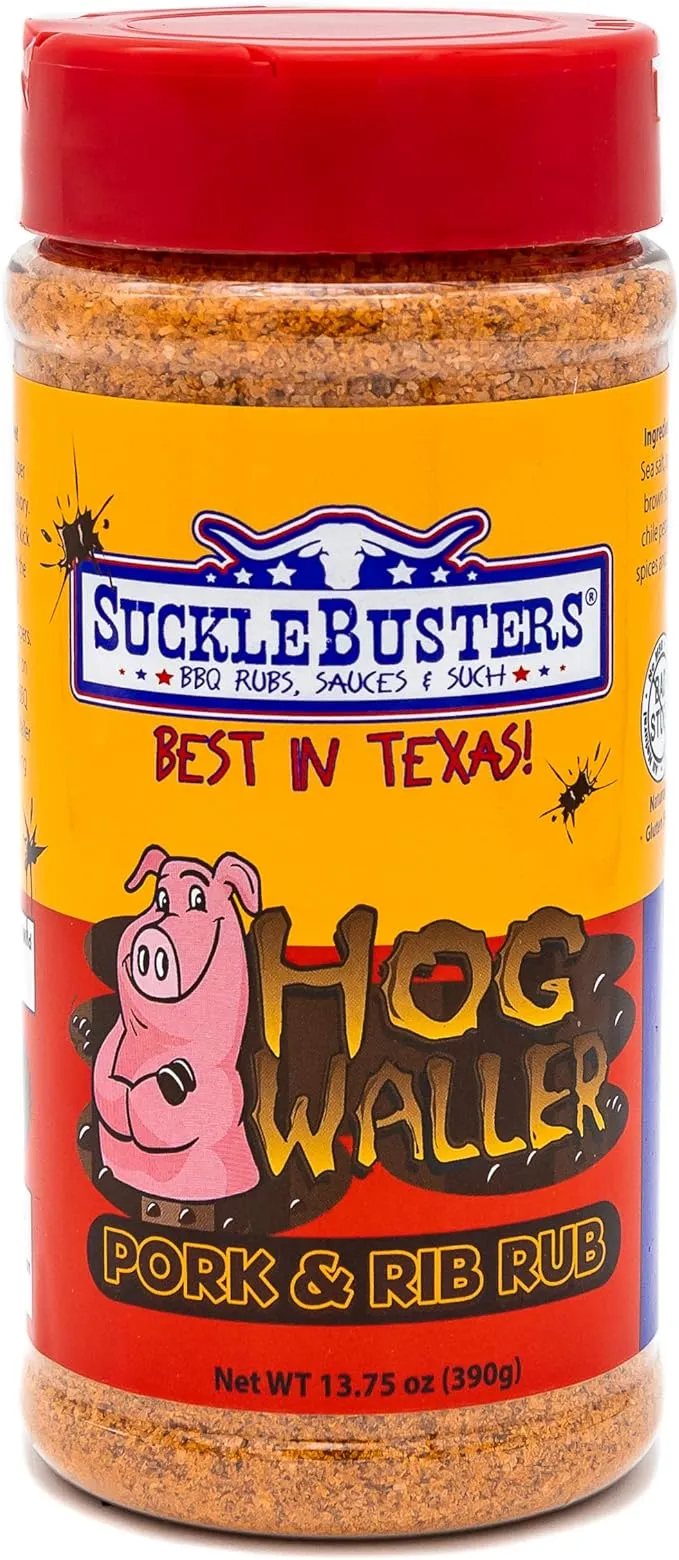 SuckleBusters Hog Waller: Texas Best Pork BBQ Rub, Sweet & Salty Seasoning for Pork Ribs, Butt, Chops, Gluten-Free, No MSG Shaker (13.75oz)