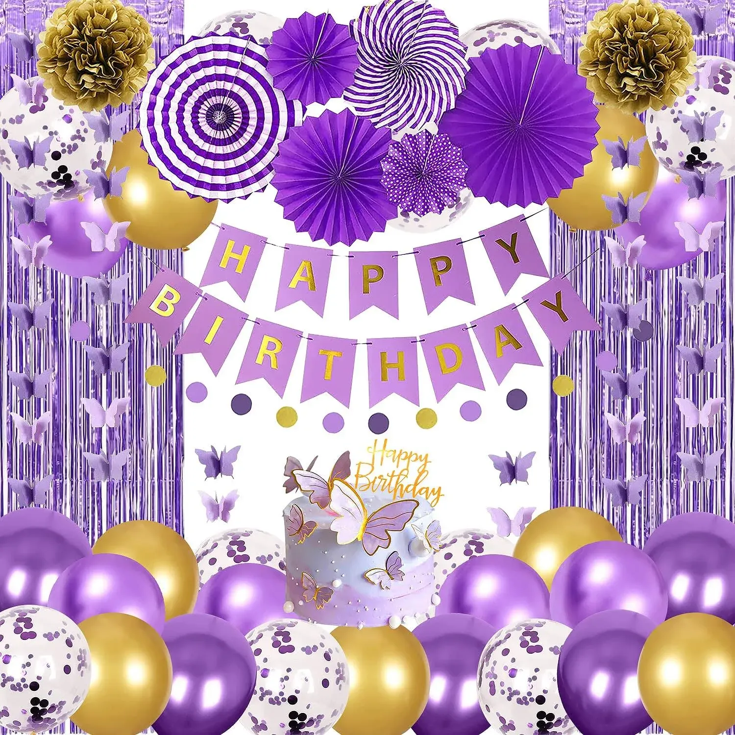 kehaomy Purple Birthday Party Decorations for Women Girls with Butterfly Hanging ...