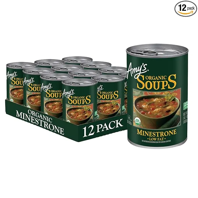 Amy's Soup, Vegan Hearty Minestrone, Made With Organic Vegetables, Beans and Pasta in Tomato Broth, Canned Soup, 14.1 Oz (12 Pack)