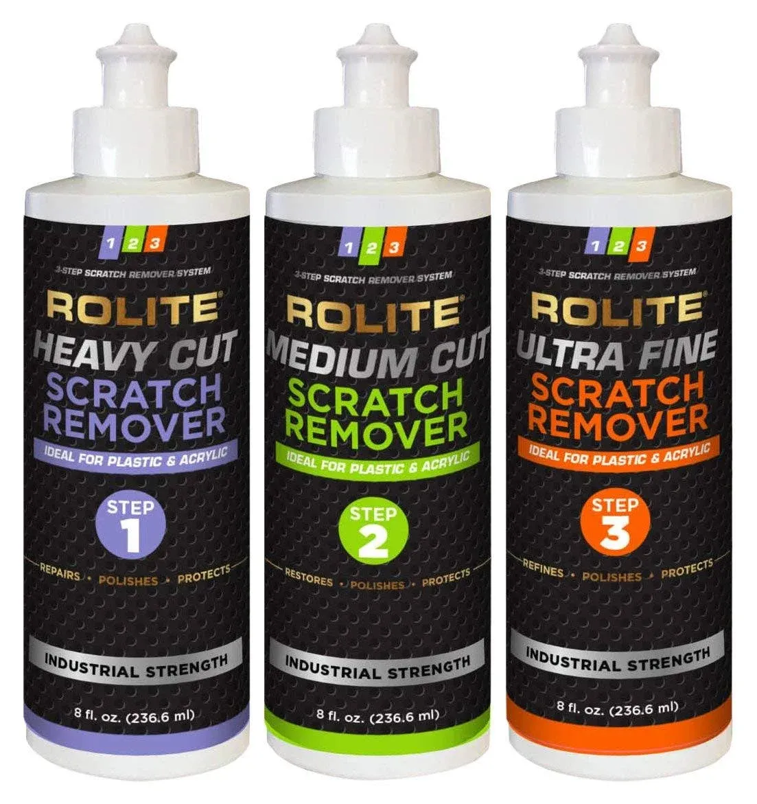 Rolite 3 Step Scratch Removal System for Clear Plastic and Acrylic Surfaces - Heavy Cut, Medium Cut and Ultra Fine Combo Set Removes Scratch and Swirl Marks, 3 - 8 Ounce Bottles