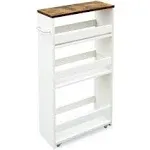 TEAMIX 4 Tier White Slim Storage Cart with Handle, Slide Out Storage Rolling Utility Cart Mobile Shelving Unit Organizer Trolley for Small Spaces Kitchen Laundry Narrow Places