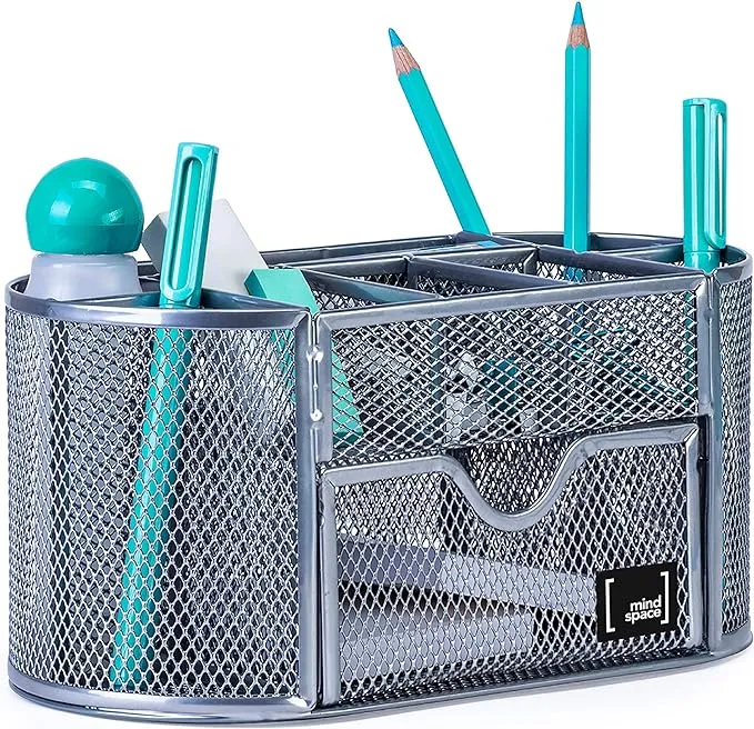 Mindspace Office Desk Organizer with 8 Compartments + Drawer | Desk Caddy Pen Holder For Office Accessories | The Mesh Collection, Silver