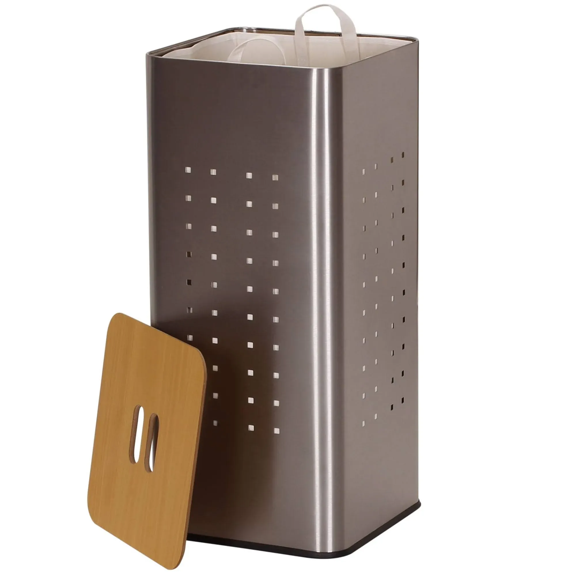 7080-1 Square Metal Laundry Hamper -Removable Liner Bag and Wood Lid - Stainless