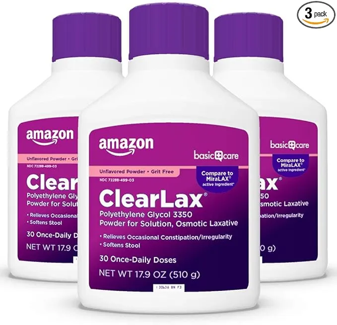 Amazon Basic Care ClearLax, Polyethylene Glycol 3350 Powder for Solution, Osmotic Laxative, Unflavored, 1.11 pound (Pack of 3)