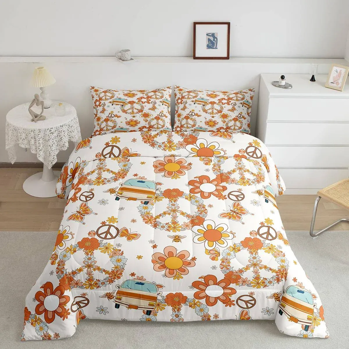 Groovy Comforter Set Full Size Girls 70s Retro Psychedelic Flower Bedding Boho ...