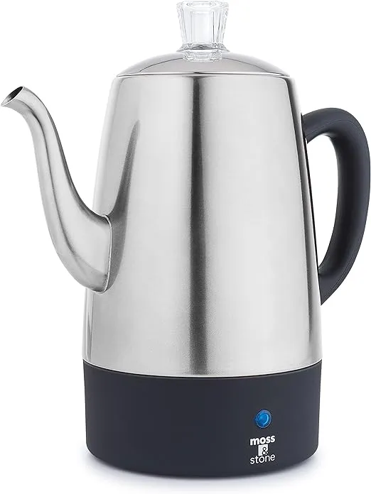 Moss & Stone Electric Coffee Percolator | Camping Coffee Pot Silver Body with Stainless Steel Lids | Percolator Electric Pot - 10 Cups