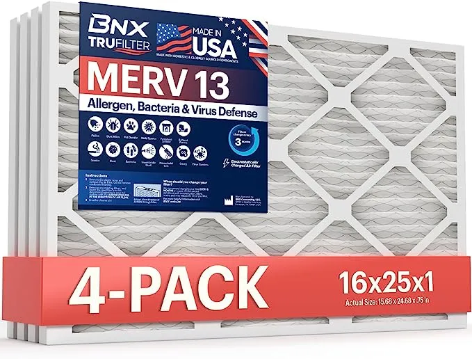 BNX TruFilter 16x25x1 Air Filter MERV 13 (4-Pack) - Made in USA - Electrostatic Pleated Air Conditioner HVAC AC Furnace Filters