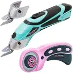 Pink Power Electric Fabric Scissors for Crafts, Sewing, Cardboard, Carpet & Scrapbooking - Heavy Duty Cutting Tool, Automatic Cordless Electric Scissors Fabric Cutter & Rotary Cutter Set (Aqua Splash)