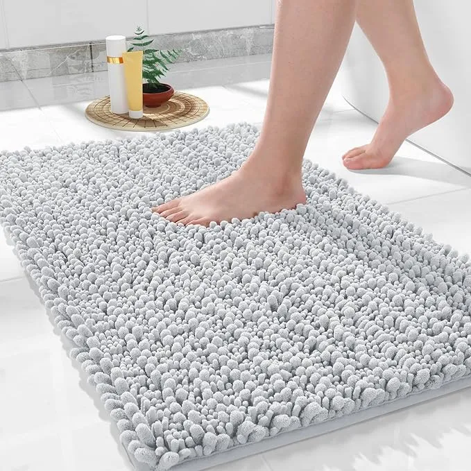 Yimobra Bath Rug Mat, 32 x 20, Soft Shaggy Chenille Bathroom Rugs, Large Size, Super Absorbent & Thick, Non-Slip, Machine Washable Bathroom mat, Bath Mats for Bathroom, Tub & Shower, Silver