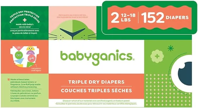 Babyganics Size 2, 152 count, Absorbent, Breathable, Triple Dry Protection Diapers