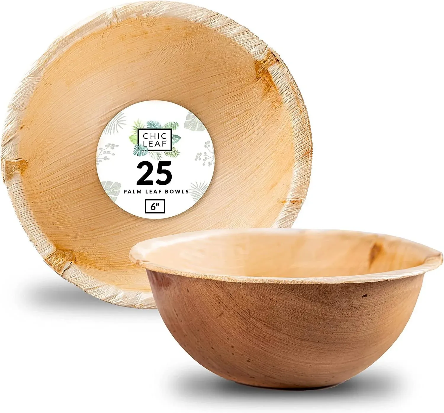 Chic Leaf Palm Leaf Bowls Disposable Bamboo Like - 8 Inch Round 30 oz 25 Pack, Biodegradable Soup Bowl for Salad, Ramen, Chili, Ice Cream, Condiment - Oven and Microwave Safe