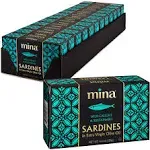 Mina Sardines in Extra Virgin Olive Oil, 4.4 Ounce Wild Caught Sardines, Responsibly Sourced, Packed By Hand, Low Sodium, High in Protein, Keto, Paleo, Sardines in Olive Oil (Pack of 12)