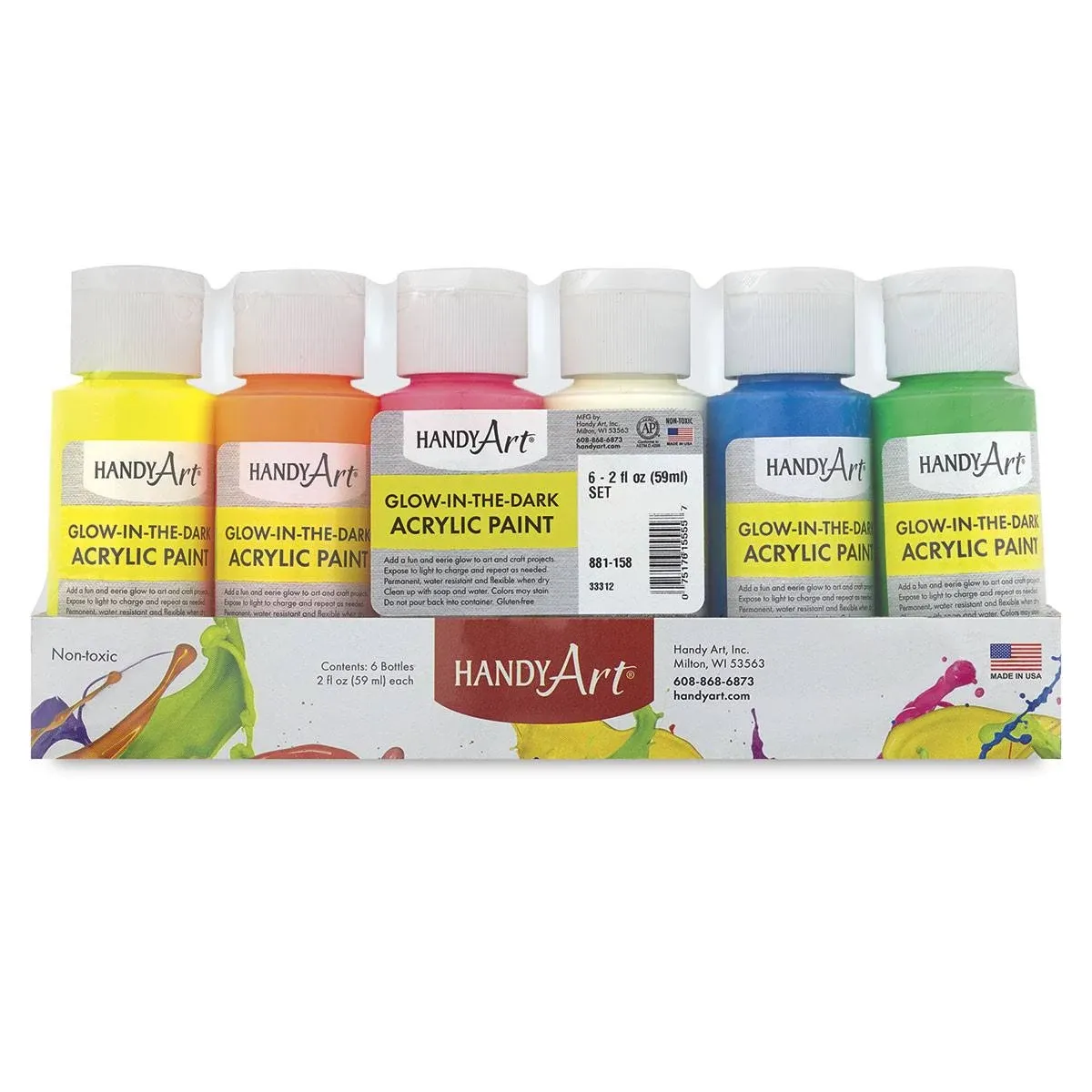 Handy Art Glow-in the Dark Non-Toxic Acrylic Paint Set, 2 oz Bottle, Multiple Co