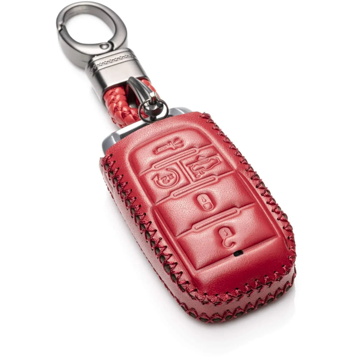 Vitodeco Genuine Leather Smart Key Fob Case Cover Protector Compatible with RAM 1500, RAM 2500, RAM 3500 2019 - 2025 (5-Button with Tailgate, Red)