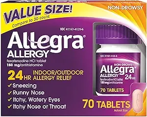 Allegra Adult 24HR Non-Drowsy Antihistamine, 70 Tablets, Fast-acting Allergy Symptom Relief, 180 mg