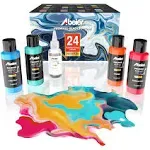 ABEIER Acrylic Pouring Paint, 2oz Bottles, Set of 24 Assorted Colors and Silicone Oil(1oz), Pre-Mixed, High Flow, Paint for Pouring on Canvas, Glass, Paper, Wood, Tile, Stones and More