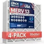 BNX 20x20x1 MERV 13 Furnace Air Filter, 4 Pack MADE IN USA HVAC AC Furnace