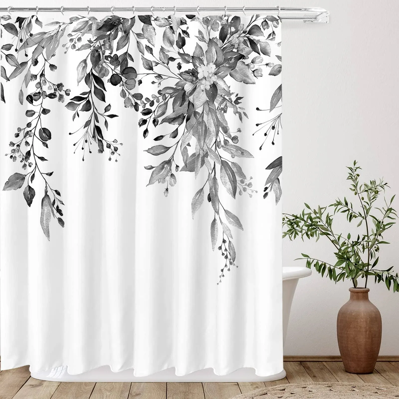 Tititex Black Eucalyptus Shower Curtain Sets, Watercolor Grey Leaves on The Top Plant with Floral Bathroom Decoration 72x84 Inch with Hooks