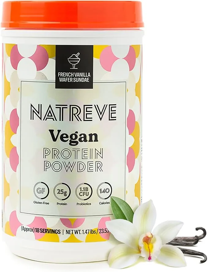 Natreve Vegan Protein Powder - 25g Plant Based Protein Powder with Probiotics and Amino Acids - Gluten Free French Vanilla Wafer Sundae, 18 Servings