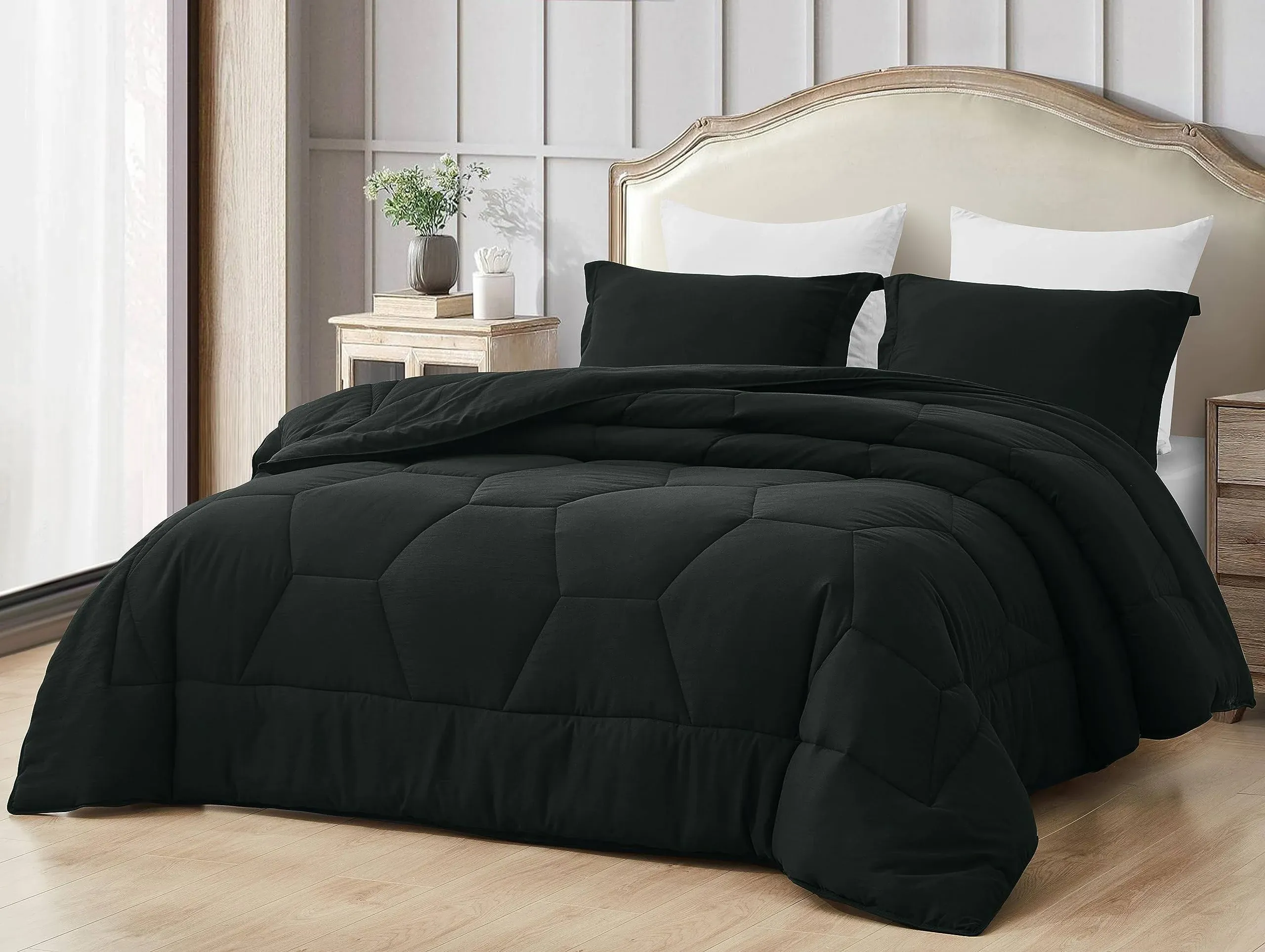 Chezmoi Collection Vero Black Comforter Set Oversized King Size 3-Piece Fluffy Soft Lightweight Bedding Honeycomb Geometric Quilted Stone-Washed Microfiber Comforter Set for All Season