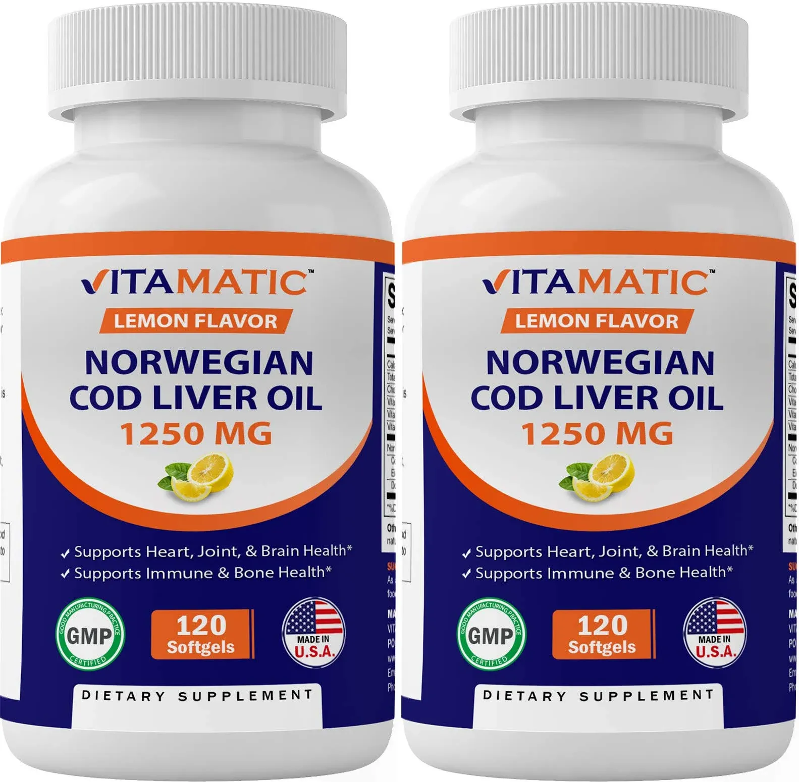 Vitamatic 2 Pack Norwegian Cod Liver Oil 1250mg Total 240 Softgels (Lemon Flavor ...