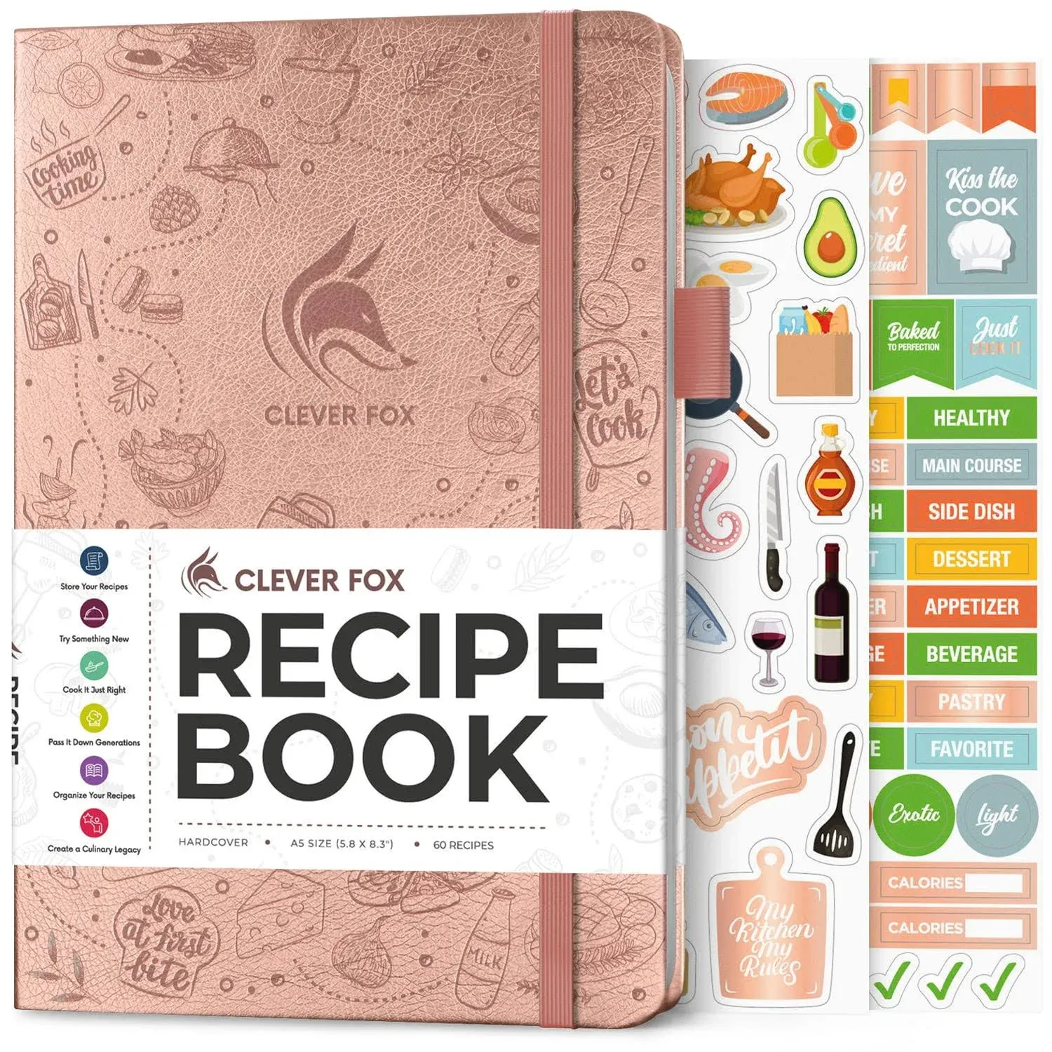 Clever Fox Recipe Book - Make Your Own Family Cookbook & Blank Recipe Notebook Organizer, Empty Cooking Journal to write in recipes, A5, stores 60 recipes, Rose Gold