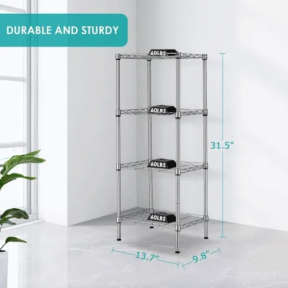 4 Tier Wire Shelving Unit, Height Adjustable Wire Shelves with 264 LBS Capacity, Metal Storage Rack Organizer for Laundry, Kitchen, Bathroom, Pantry, Closet (9.8"D x 13.7"W x 31.5"H, Silver)