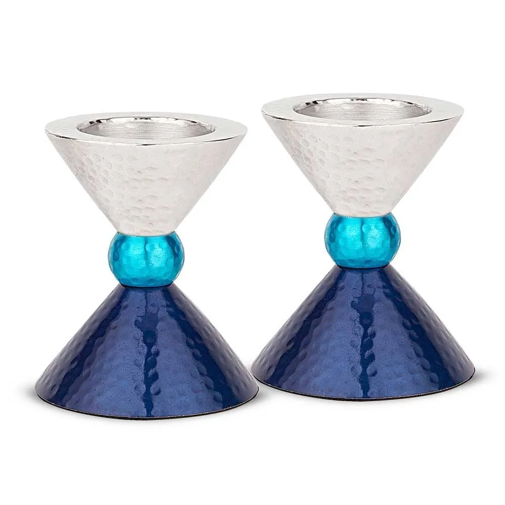 Zion Judaica Modern Tealight Candles or Thick Tapered Shabbat Candlestick Holders Set - Anodized Metal Blue Tones & Silver Candle Holder for Passover, Bat Mitzvah, Valentine's Day