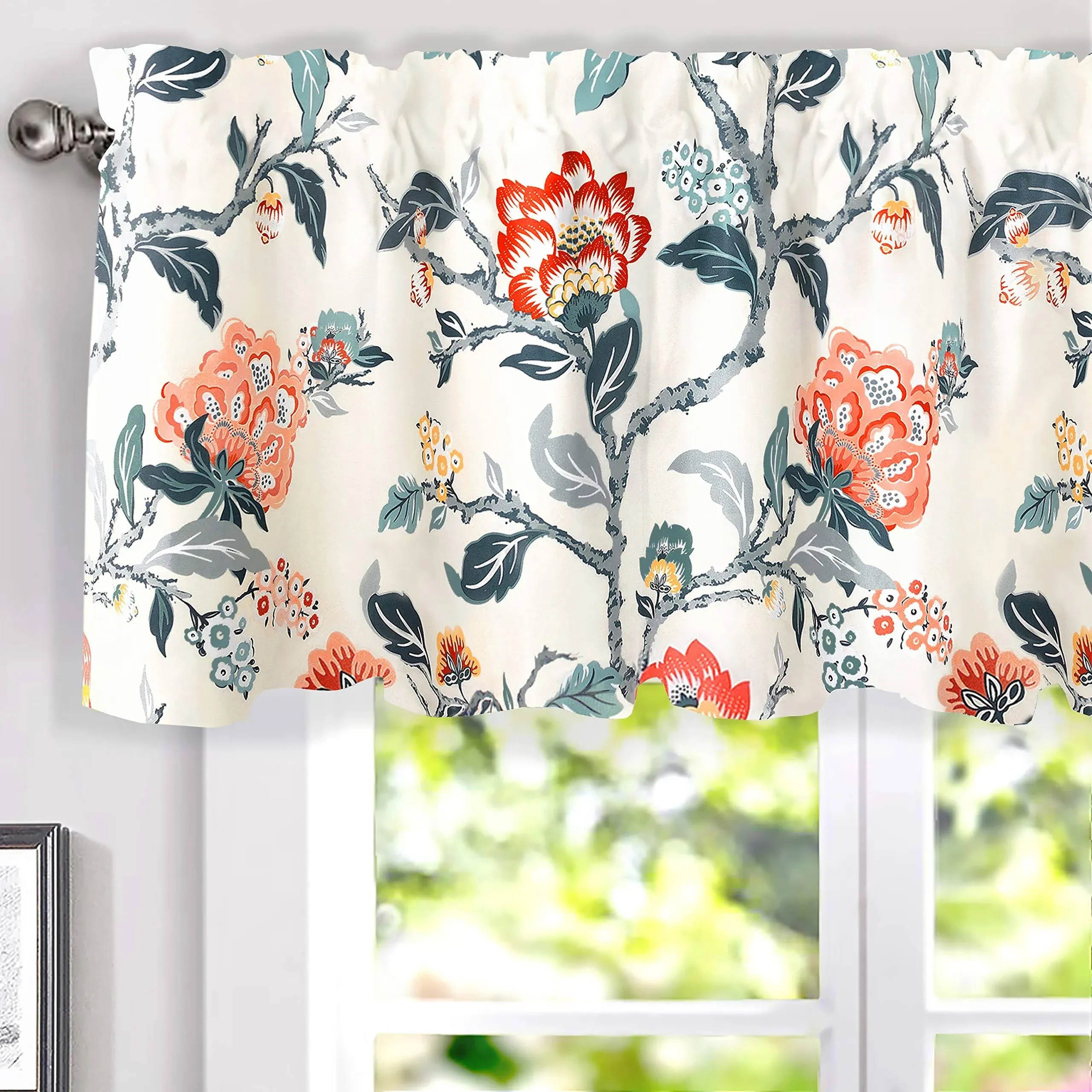 DriftAway Ada Botanical Print Lined Flower Leaf Thermal Insulated Window Valance Rod Pocket 52 Inch by 18 Inch Plus 2 Inch Header Ivory Orange Teal 1 Pack