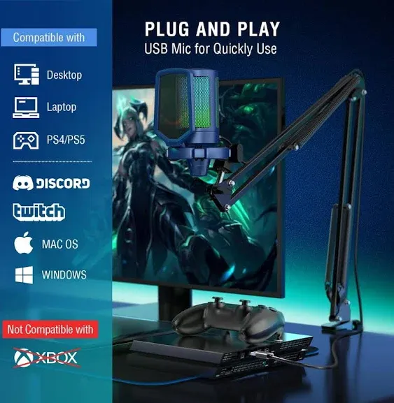 FIFINE USB Gaming Streaming Recording PC Microphone Kit, RGB Condenser Computer Mic Bundle for Podcasts, Audio, Vocal, Video on Mac/Desktop/Laptop, with Boom Arm Stand-A6T Blue