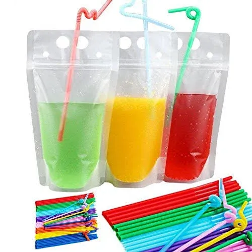 50pcs Plastic Drink Pouches Bags with 50 Straws, Heavy-duty Handheld Foldable...