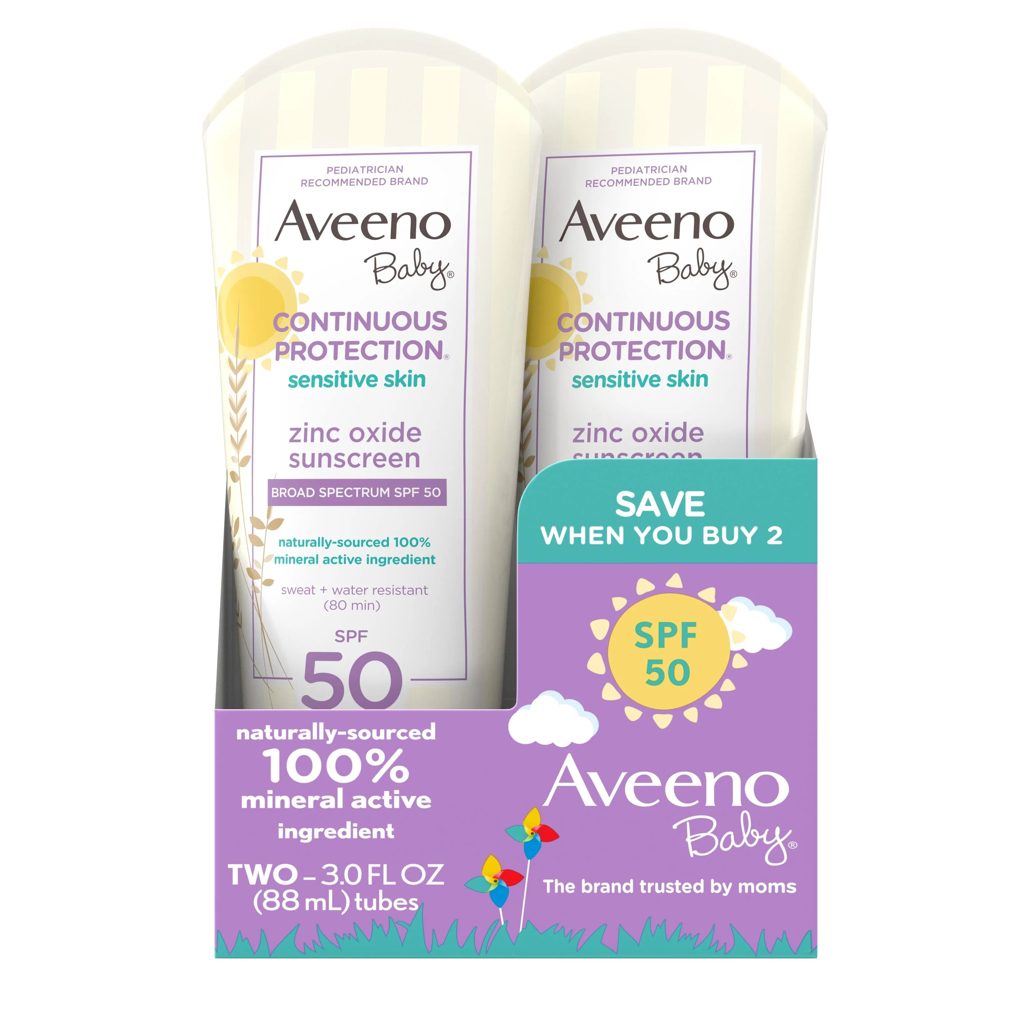 Aveeno Baby Zinc Oxide Mineral Sunscreen Lotion, SPF 50, 2 x 3 fl. oz, Size: Two - 3.0 fl. oz. (88ml)